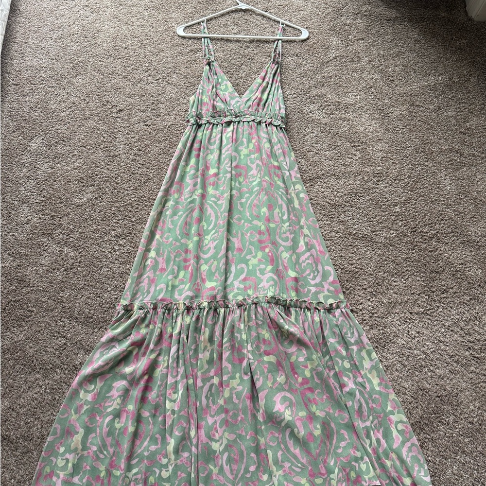 Mint & Pink Floral V-Neck Maxi Dress with Spaghetti Straps